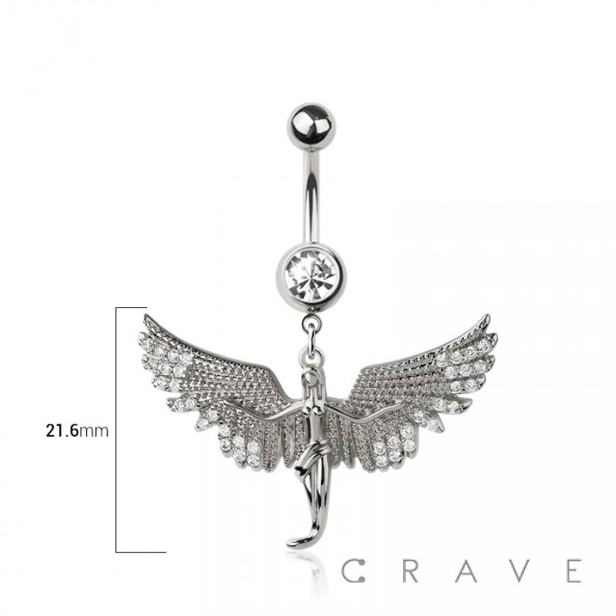 316L SURGICAL STEEL ANGEL MULTI CZ WING DANGLE BELLY BUTTON