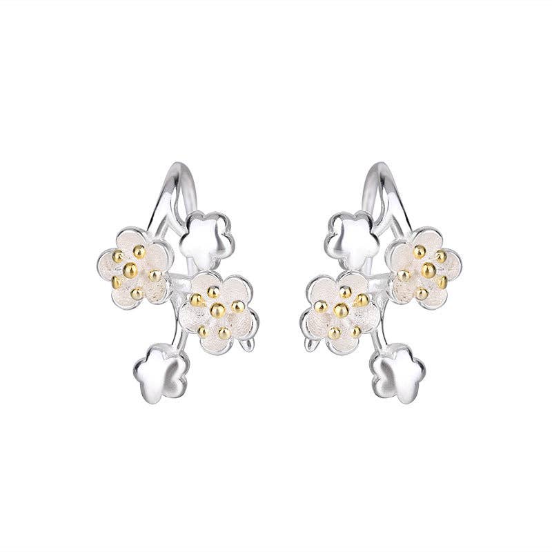 Cherry Blossom Flower Huggie Earrings in 925 Sterling Silver