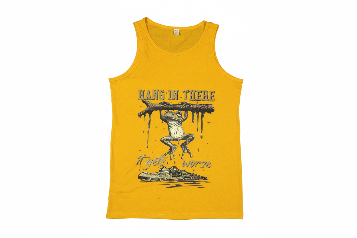 Yellow men's tank top with hang in there it gets worse frog design