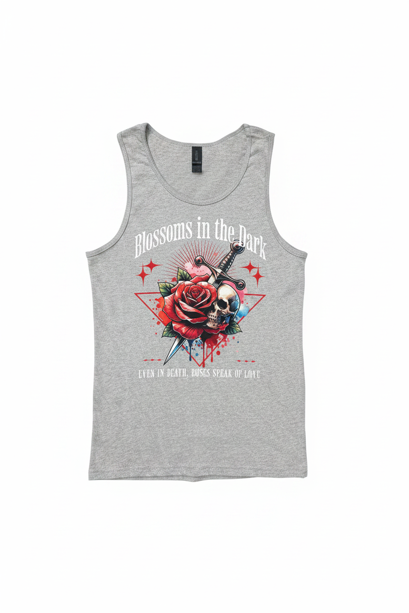 Men's Blossoms in the Dark graphic tank top on white background