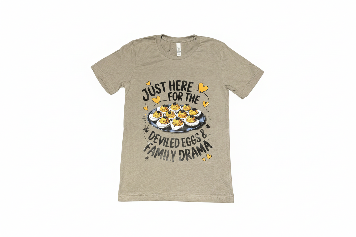 Tan t-shirt with deviled eggs and family drama design