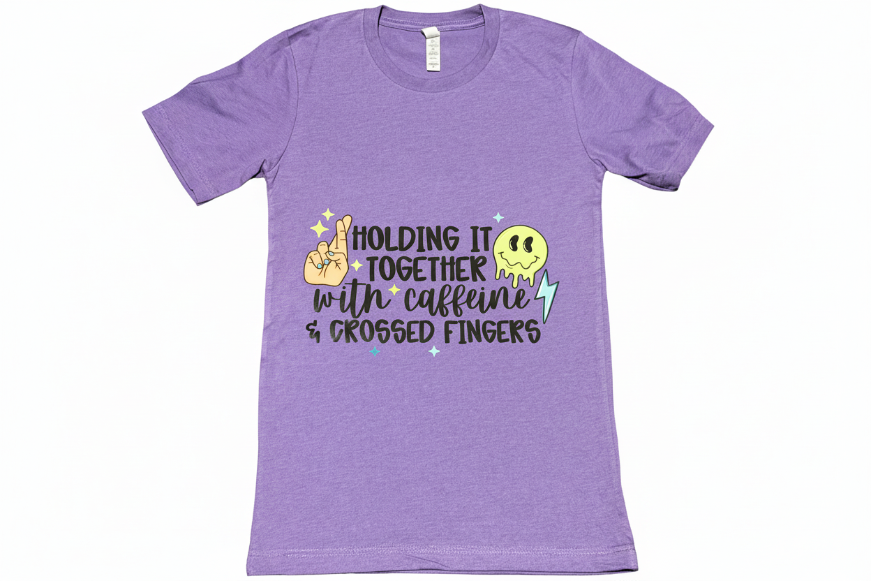 Purple t-shirt with caffeine and crossed fingers design