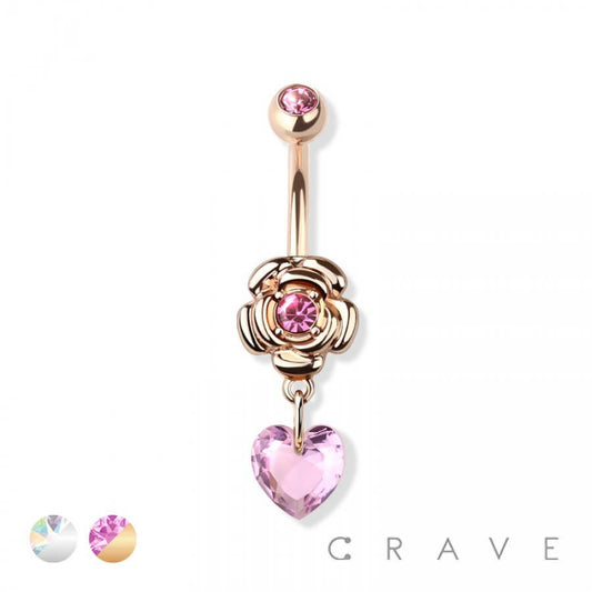 ROSE HEART STONE CZ DANGLE 316L SS NAVEL RING