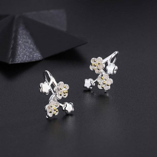 Cherry Blossom Flower Huggie Earrings in 925 Sterling Silver