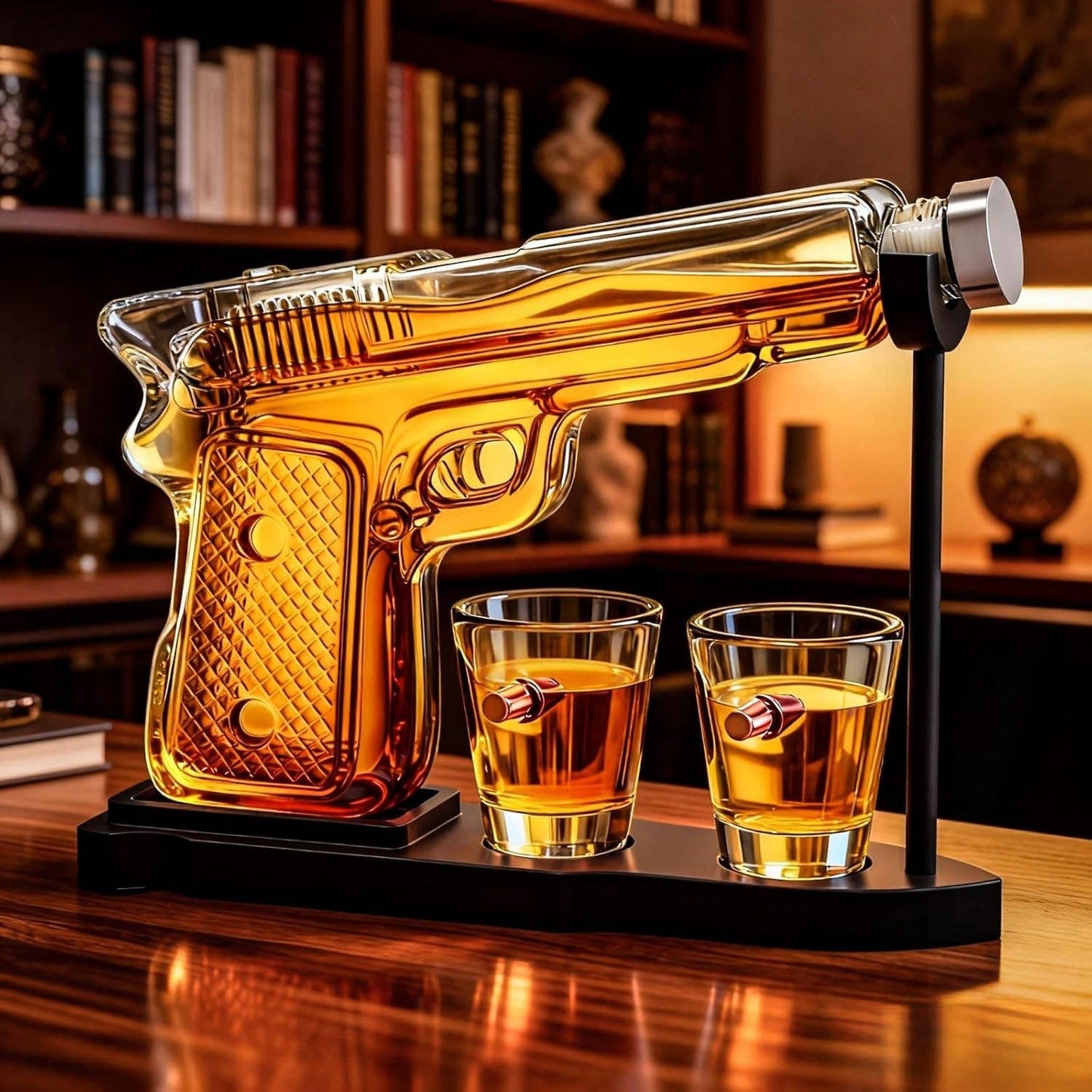 Pistol Gun Decanter Set + 2 Bullet shot Glasses & Wood Stand