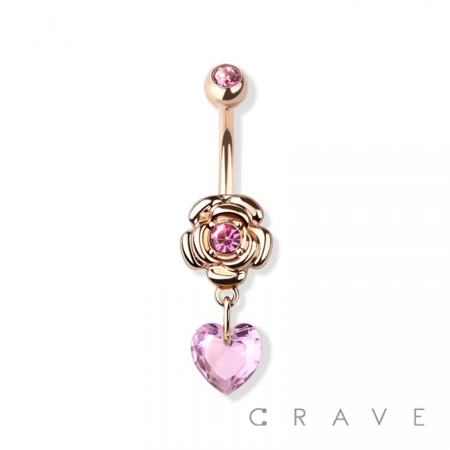 ROSE HEART STONE CZ DANGLE 316L SS NAVEL RING