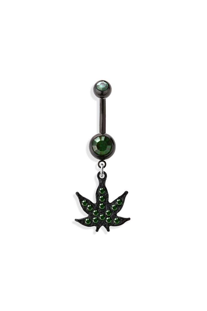 GREEN MARIJUANA POT LEAF DANGLE NAVEL RING