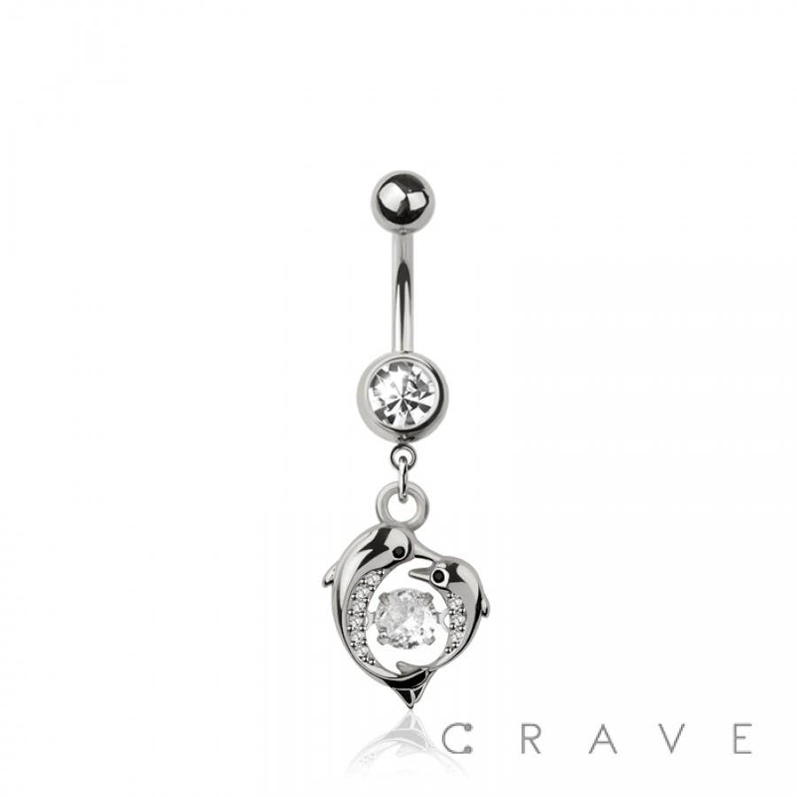 316L SURGICAL STEEL MULTI CZ DOLPHIN LOVE HEART BEZEL CENTER
