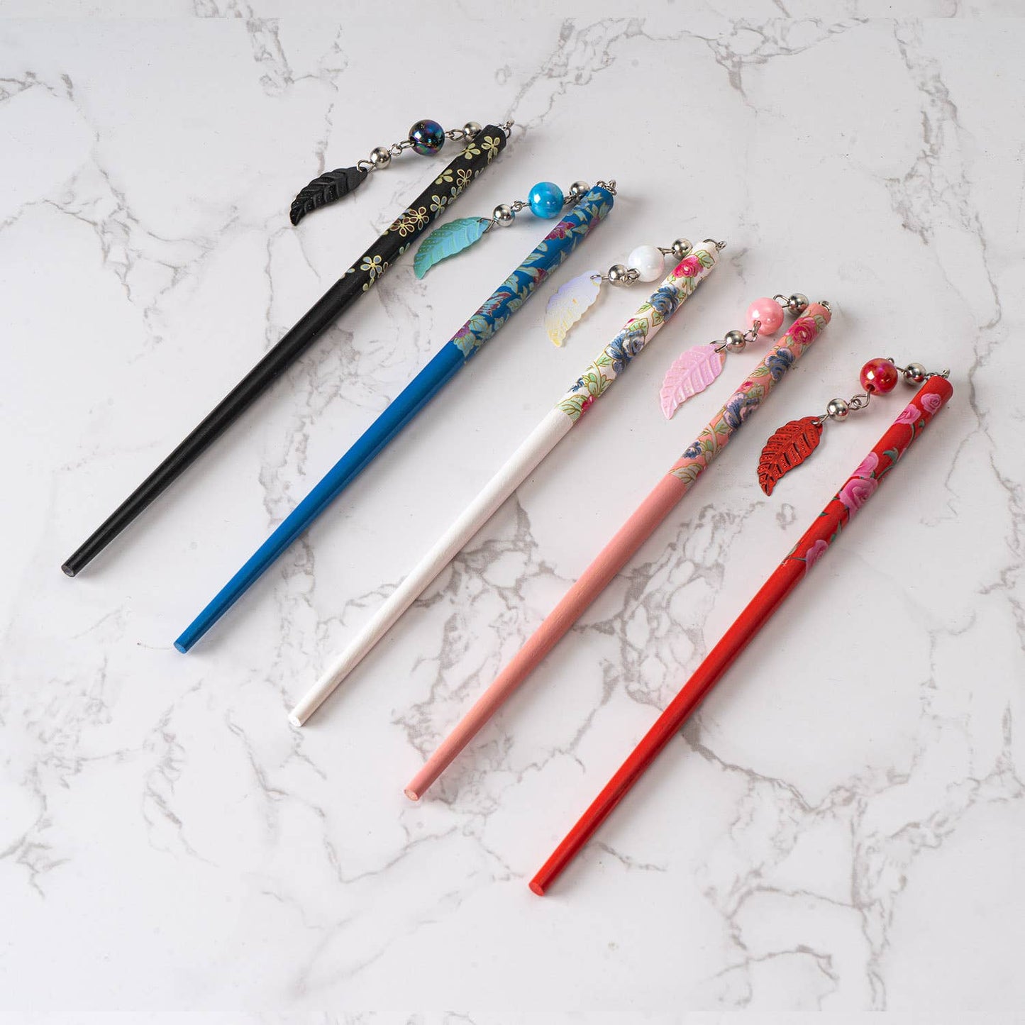 Japanese Floral Hair Sticks With Beads 5pc Assortment