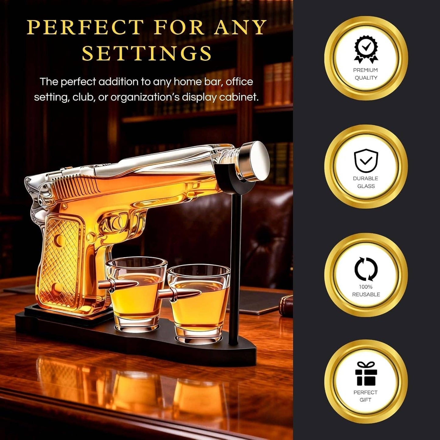 Pistol Gun Decanter Set + 2 Bullet shot Glasses & Wood Stand