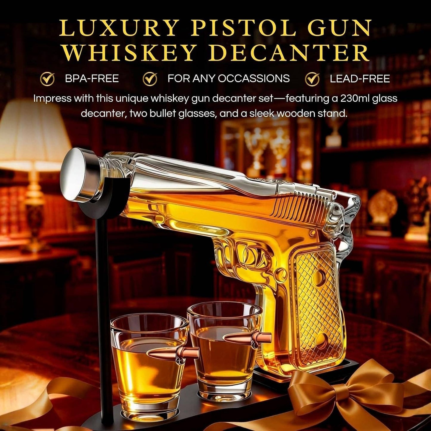 Pistol Gun Decanter Set + 2 Bullet shot Glasses & Wood Stand