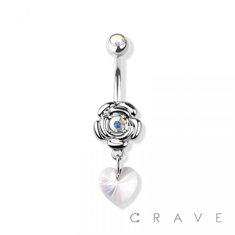 ROSE HEART STONE CZ DANGLE 316L SS NAVEL RING