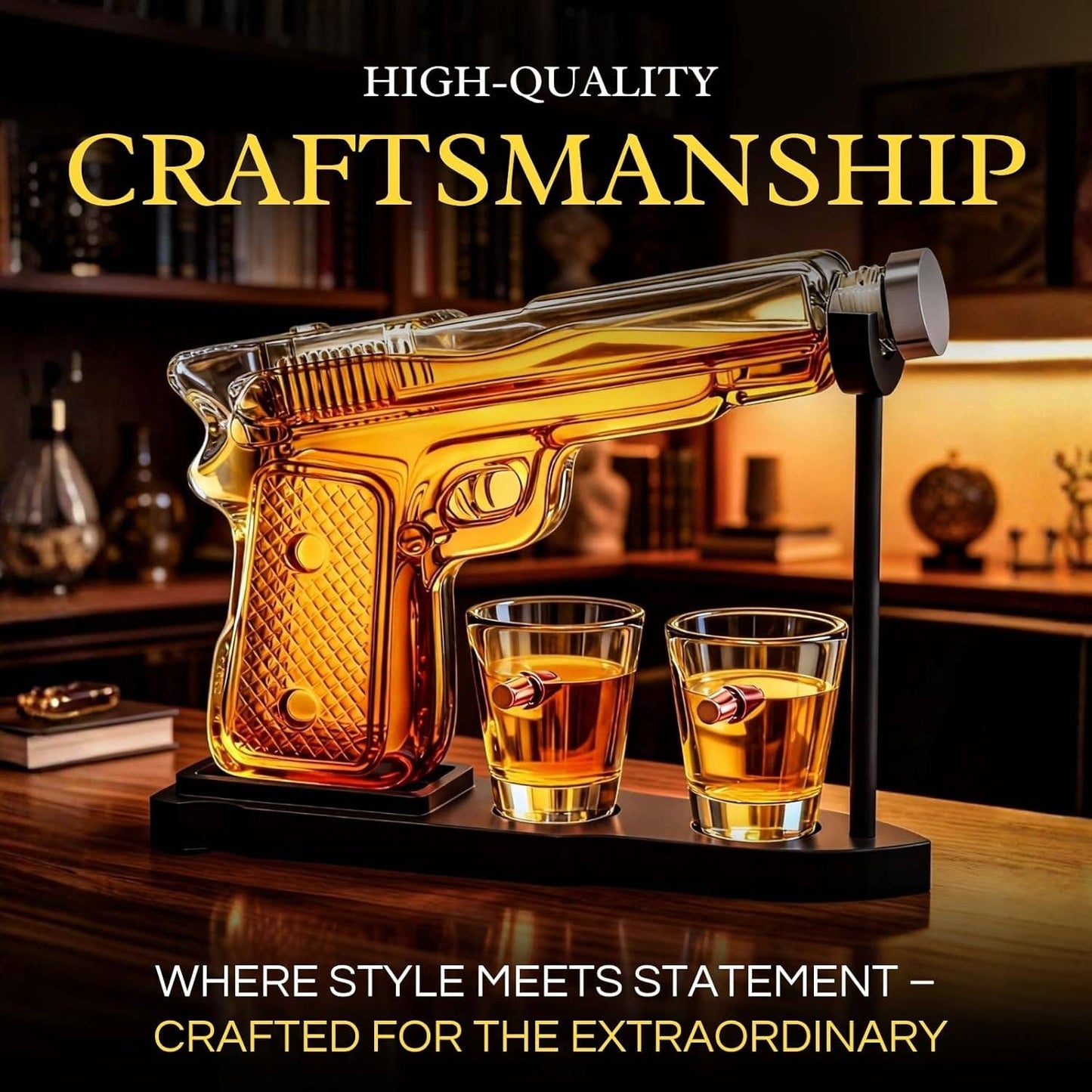 Pistol Gun Decanter Set + 2 Bullet shot Glasses & Wood Stand