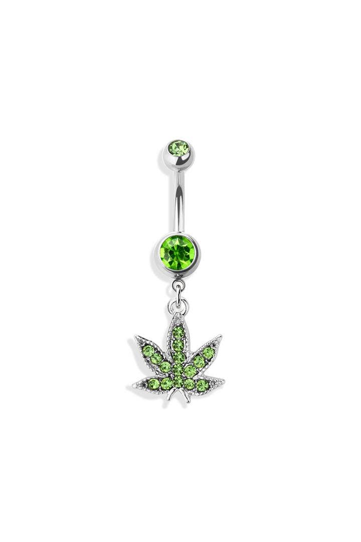 GREEN MARIJUANA POT LEAF DANGLE NAVEL RING