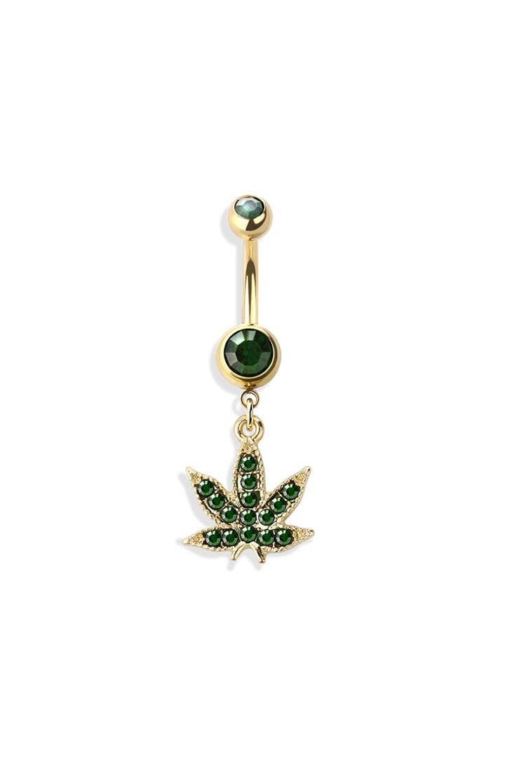 GREEN MARIJUANA POT LEAF DANGLE NAVEL RING