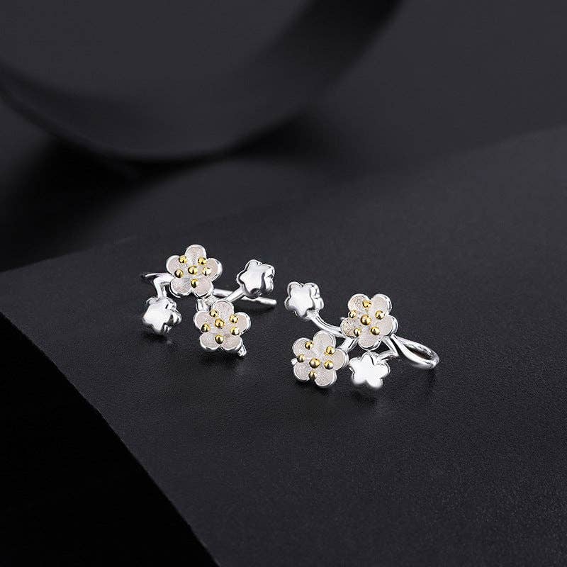 Cherry Blossom Flower Huggie Earrings in 925 Sterling Silver