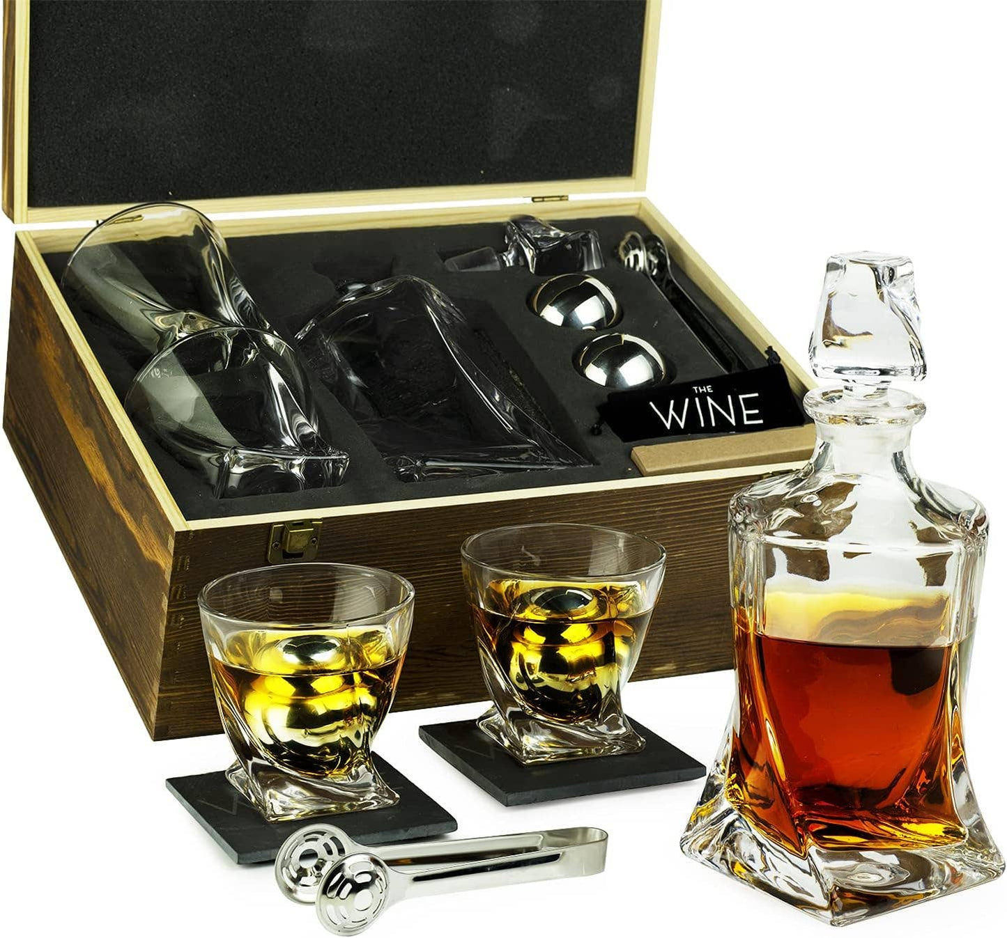 Whiskey Stones & Decanter Gift Set - 2 Glasses, 2 Coasters