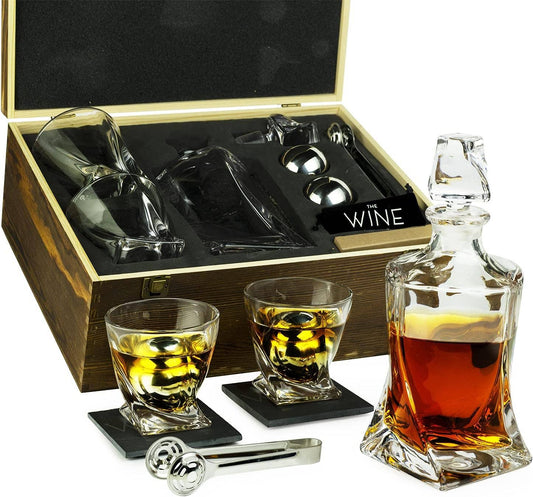 Whiskey Stones & Decanter Gift Set - 2 Glasses, 2 Coasters