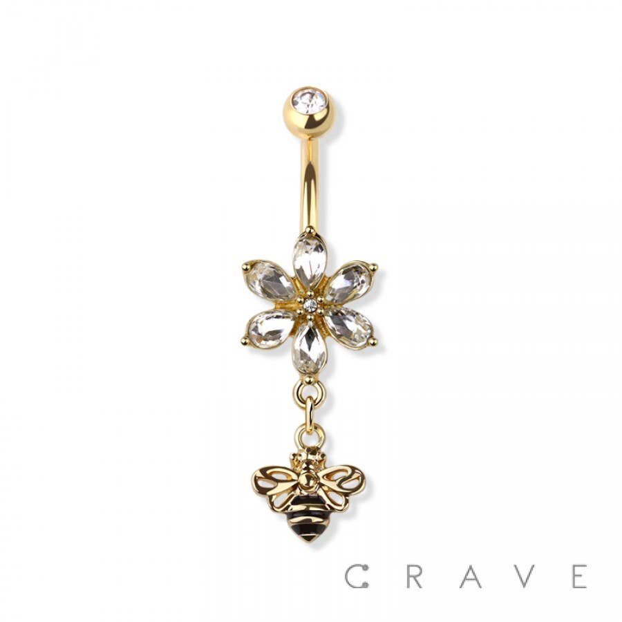 QUEEN BEE DANGLE FLOWER CZ DANGLE NAVEL RING