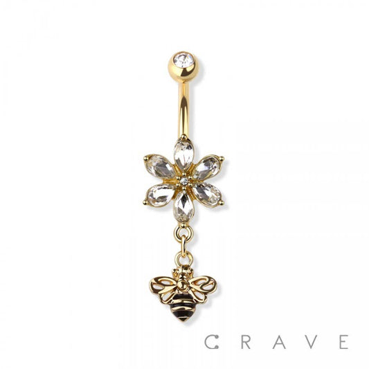QUEEN BEE DANGLE FLOWER CZ DANGLE NAVEL RING