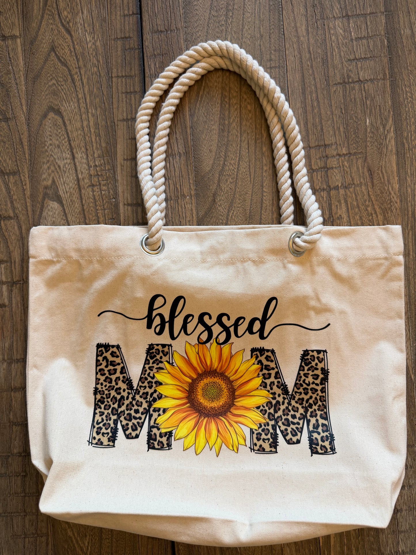 Blessed Mom Sunflower Leopard Tote Bag