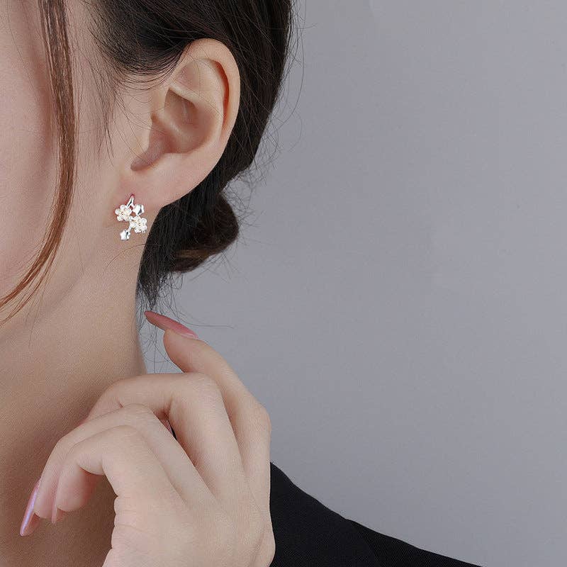 Cherry Blossom Flower Huggie Earrings in 925 Sterling Silver