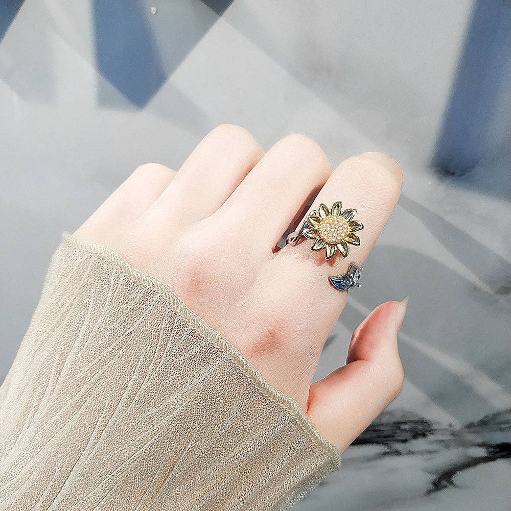Sunflower Anxiety Fidget Spinner Ring in 925 Sterling Silver