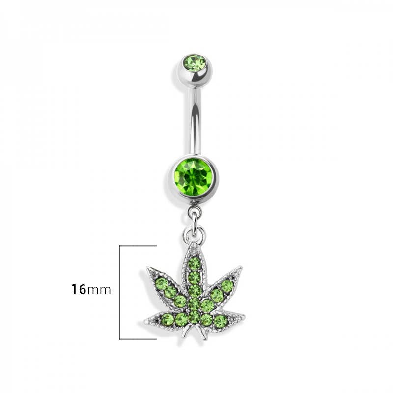 GREEN MARIJUANA POT LEAF DANGLE NAVEL RING