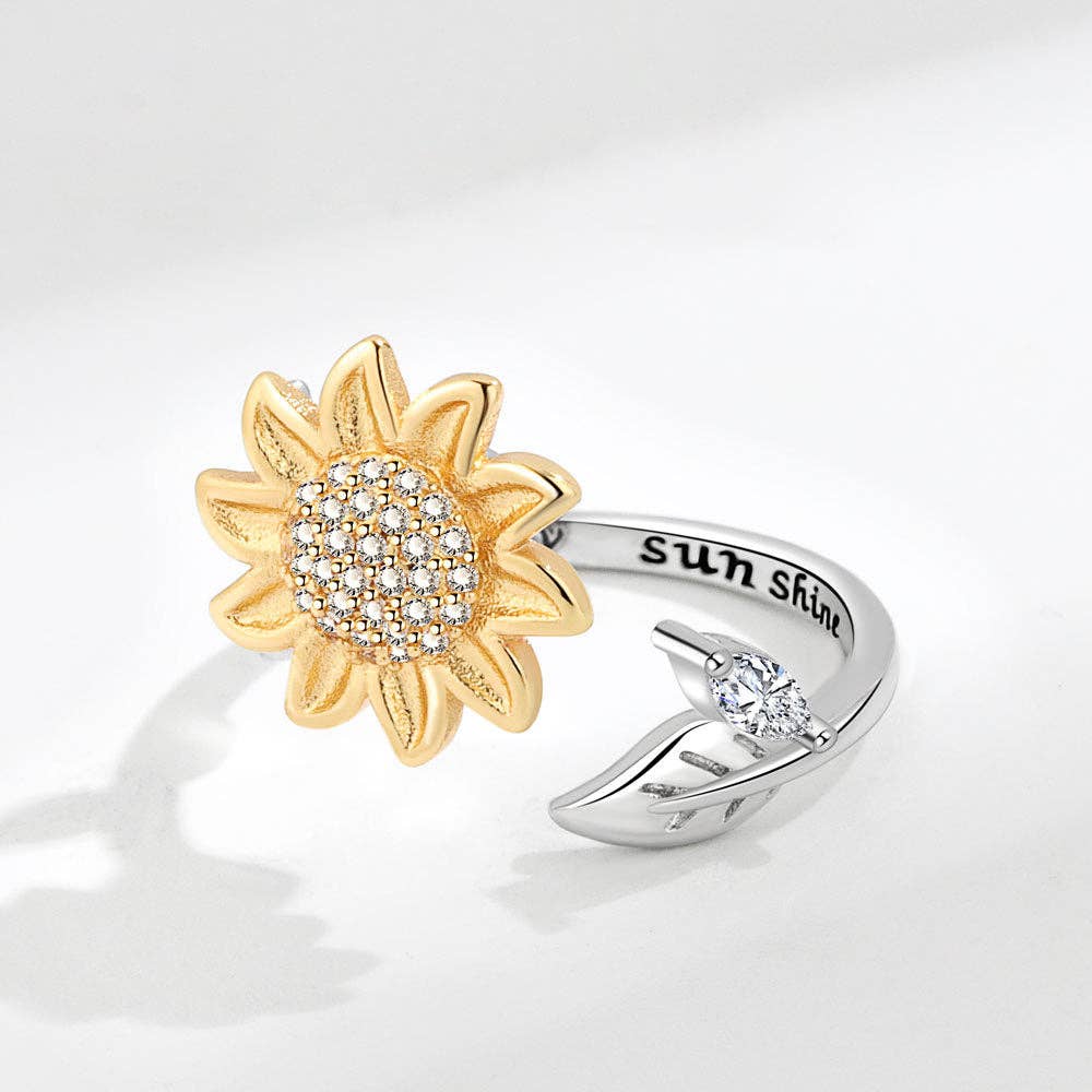 Sunflower Anxiety Fidget Spinner Ring in 925 Sterling Silver