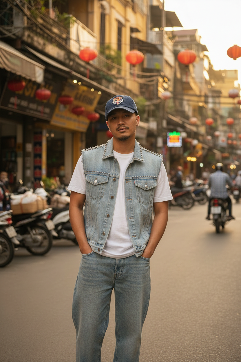 Blasian Model in Light Blue Denim Outfit in Hanoi