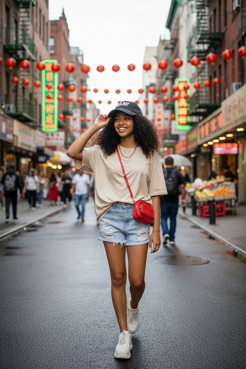 Blasian Teen in SLAY Hat on NYC Chinatown Street - Plain Top