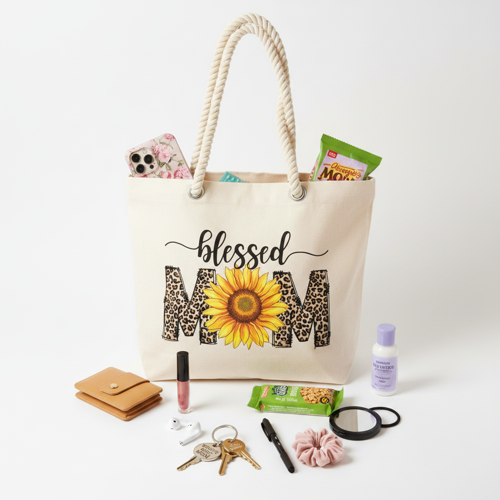 Blessed Mom Sunflower Leopard Tote Bag with Mom Essentials