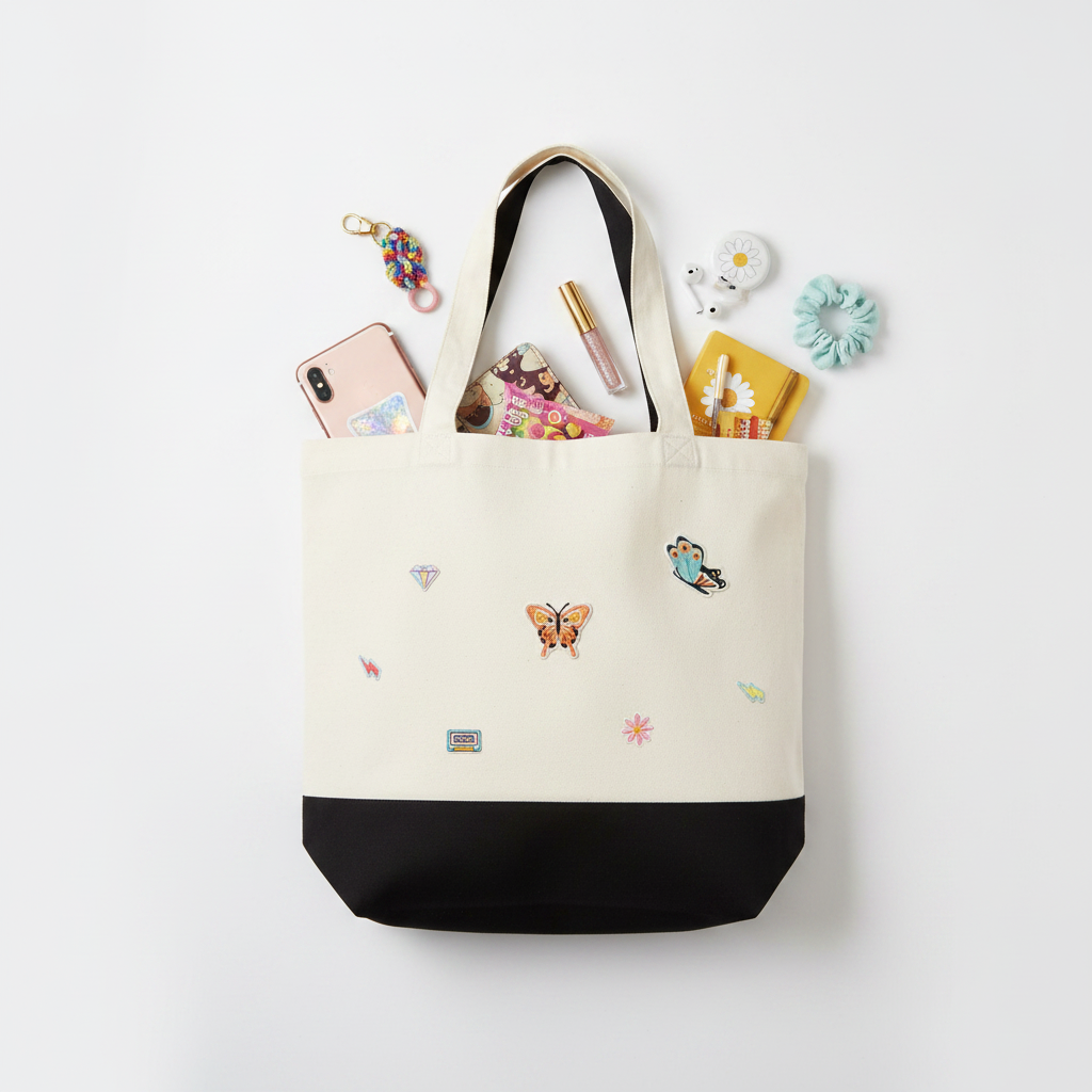 Butterflies Cassette Tape Tote Bag with Everyday Essentials