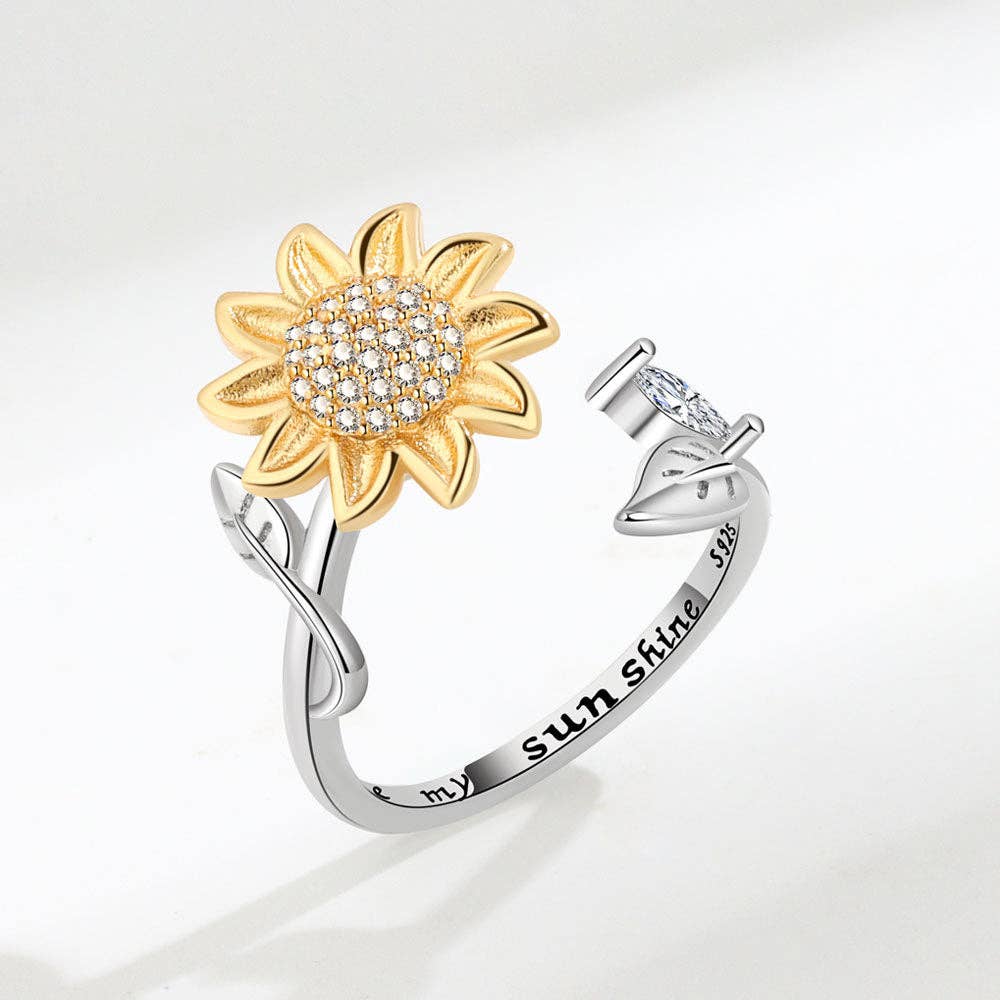 Sunflower Anxiety Fidget Spinner Ring in 925 Sterling Silver