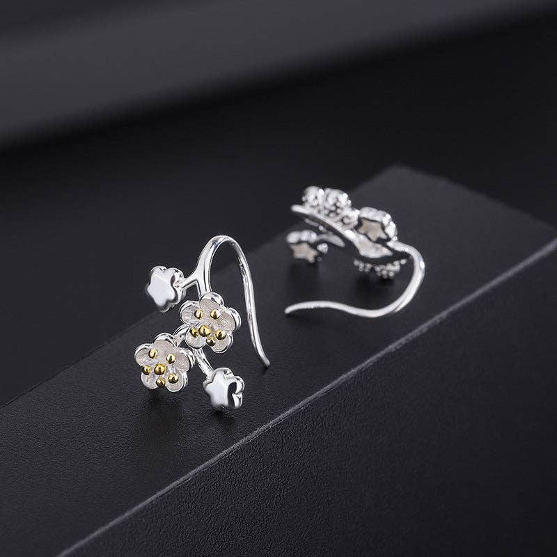 Cherry Blossom Flower Huggie Earrings in 925 Sterling Silver