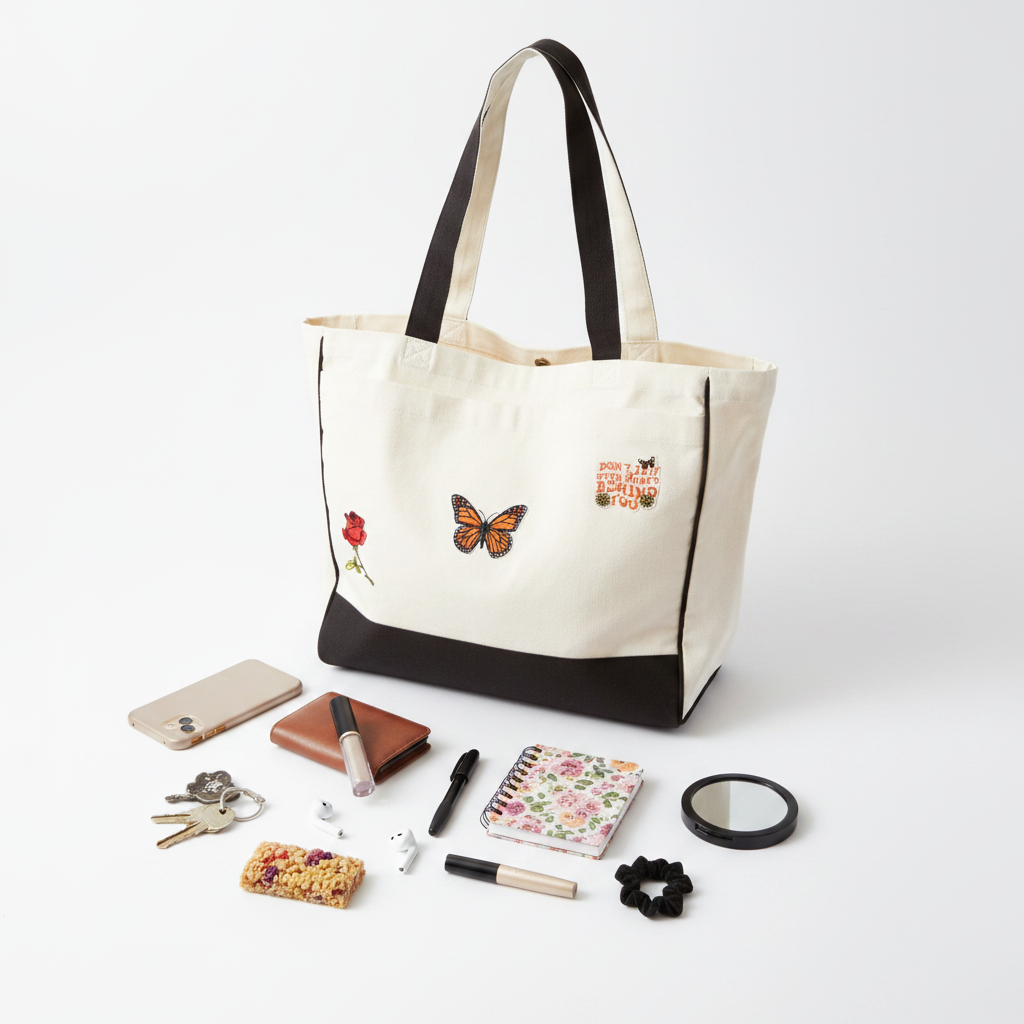 Don't Trip Butterfly Rose Tote Bag with Everyday Essentials