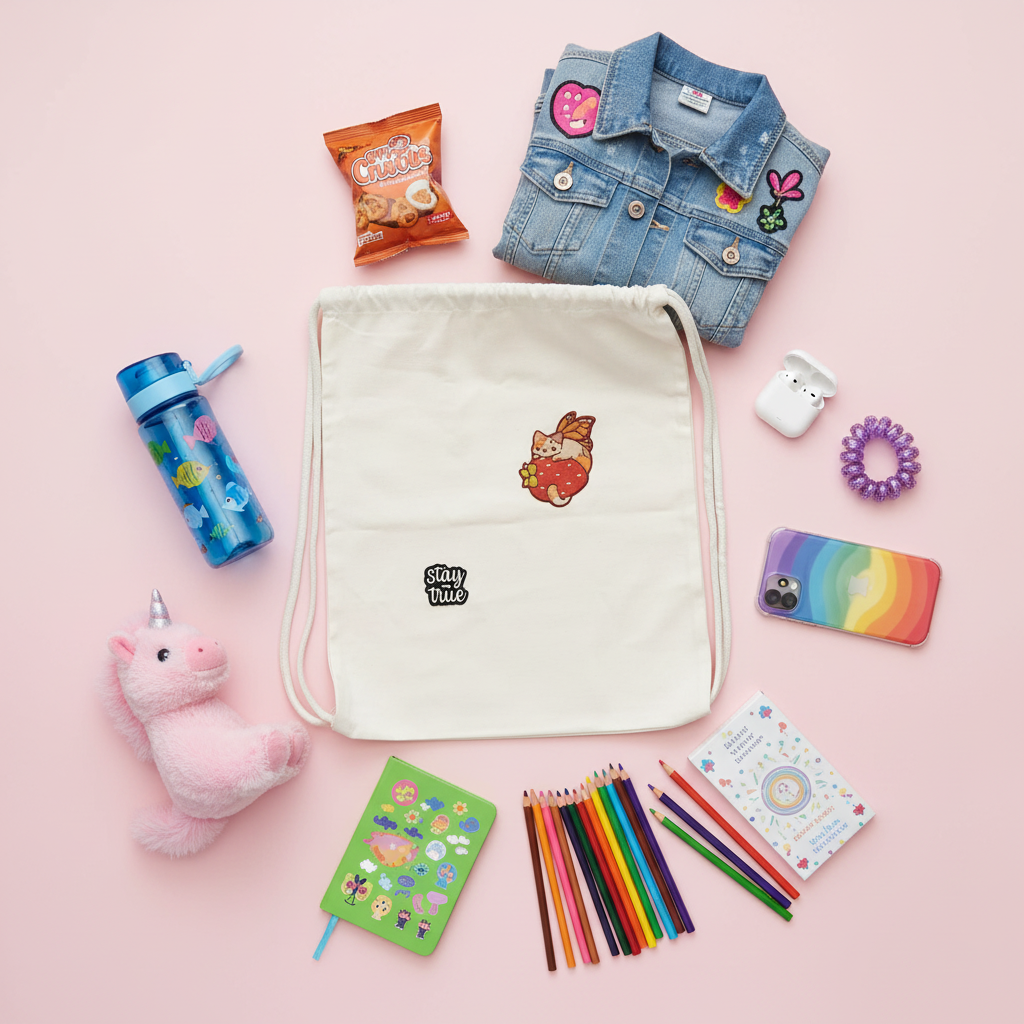Drawstring Backpack with Kids Essentials Flat Lay