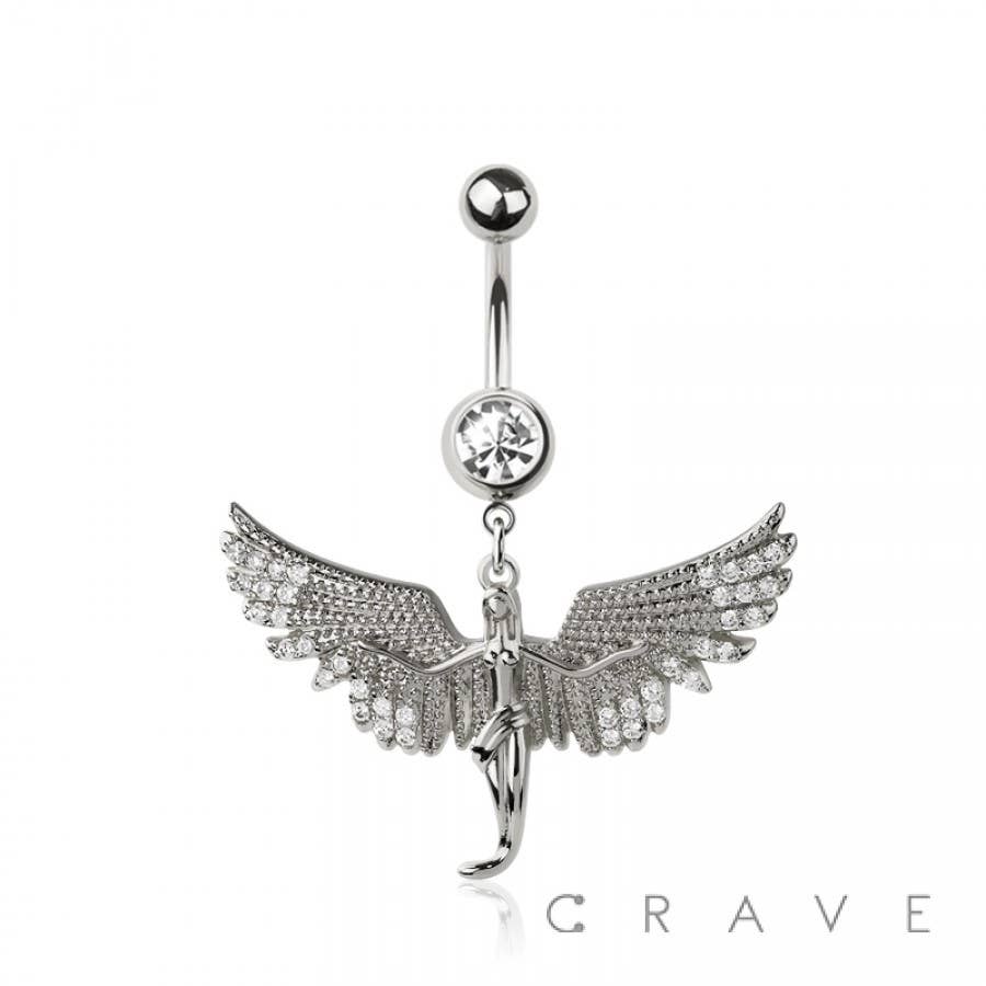 316L SURGICAL STEEL ANGEL MULTI CZ WING DANGLE BELLY BUTTON