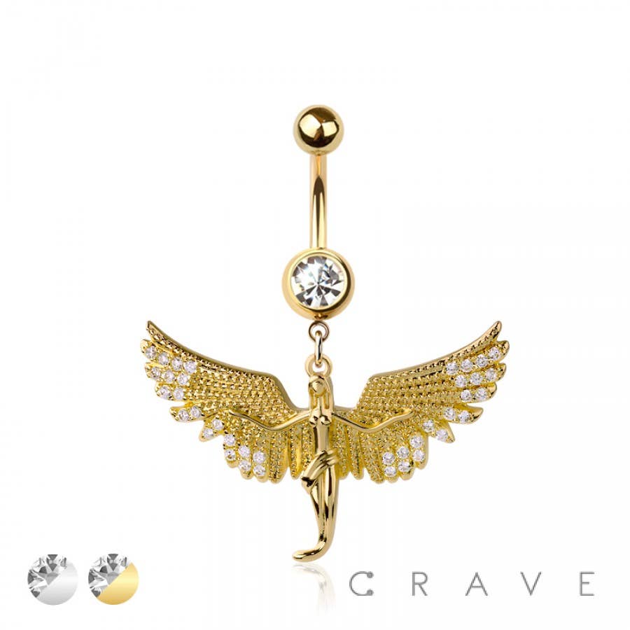 316L SURGICAL STEEL ANGEL MULTI CZ WING DANGLE BELLY BUTTON