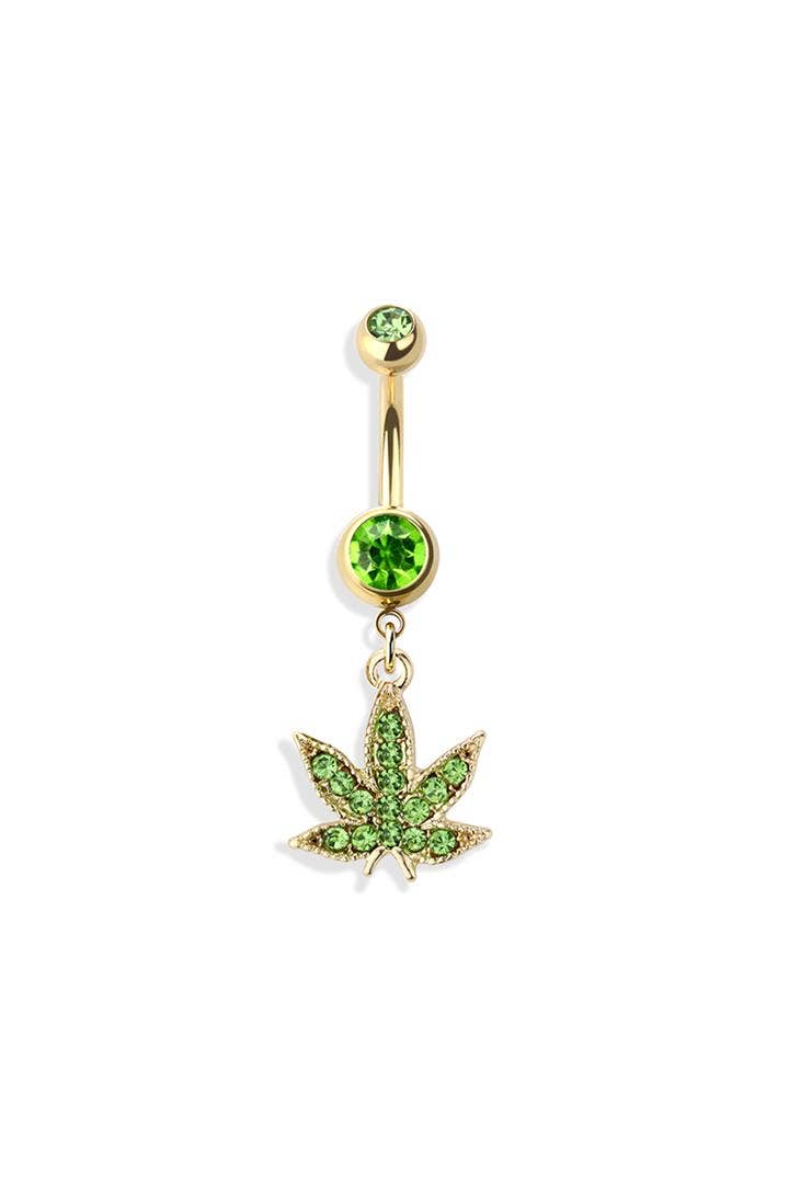 GREEN MARIJUANA POT LEAF DANGLE NAVEL RING