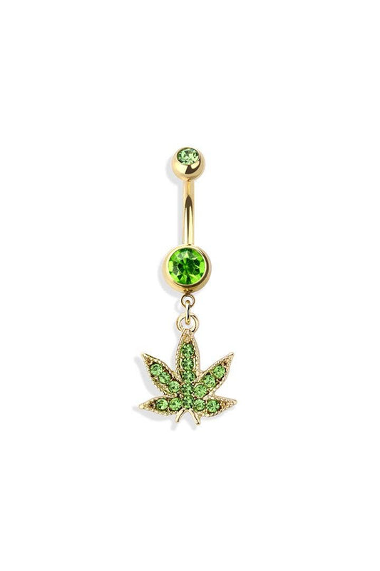 GREEN MARIJUANA POT LEAF DANGLE NAVEL RING
