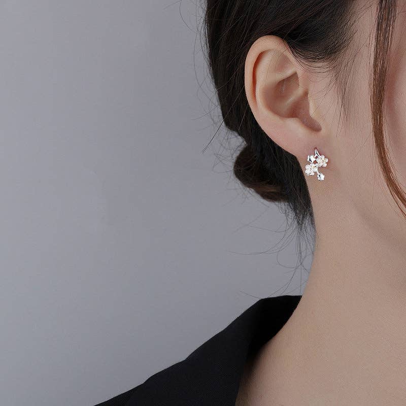 Cherry Blossom Flower Huggie Earrings in 925 Sterling Silver