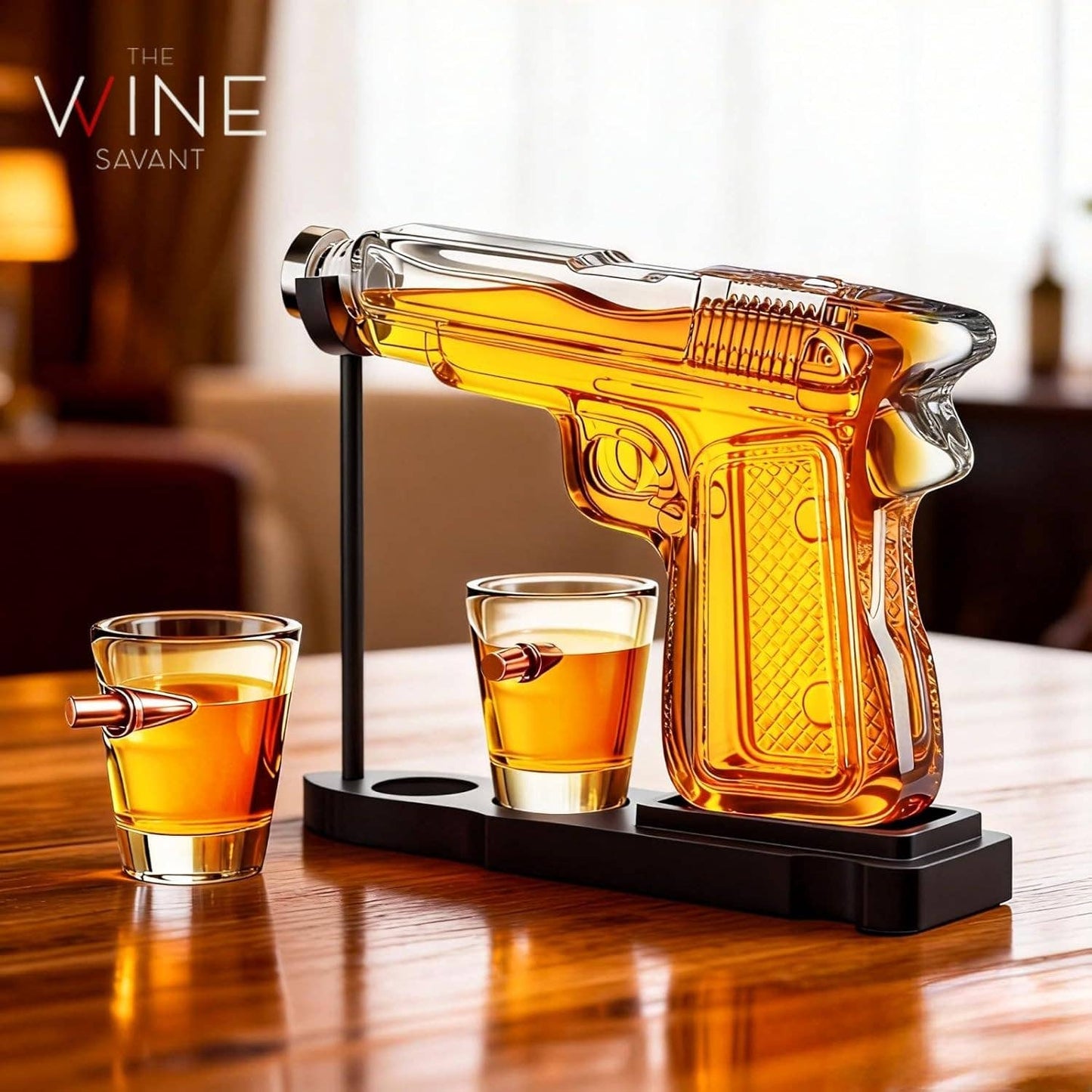 Pistol Gun Decanter Set + 2 Bullet shot Glasses & Wood Stand