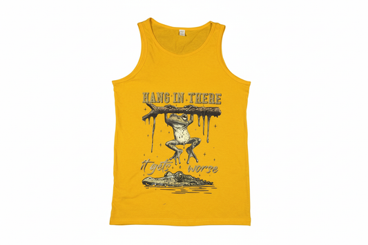 Yellow men's tank top with hang in there it gets worse frog design