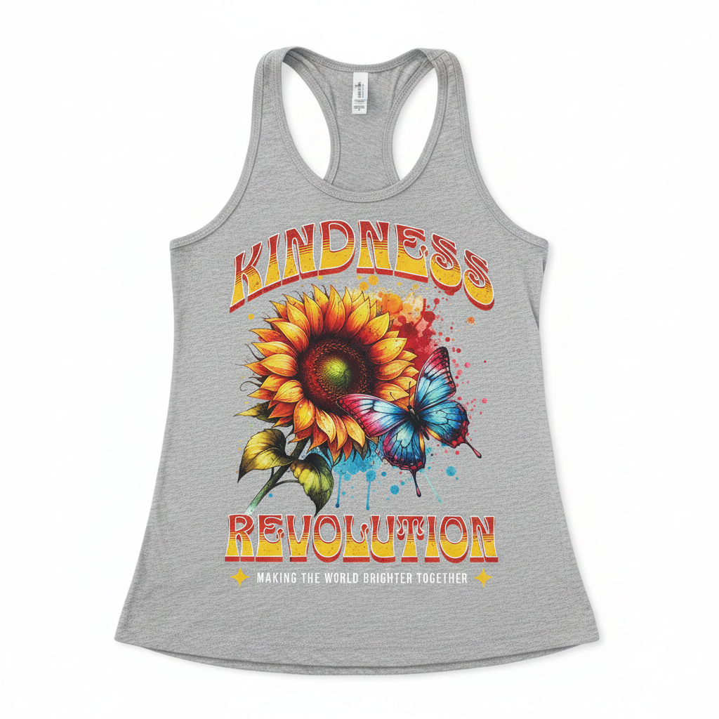 Kindness Revolution racerback tank top on white background, no wrinkles