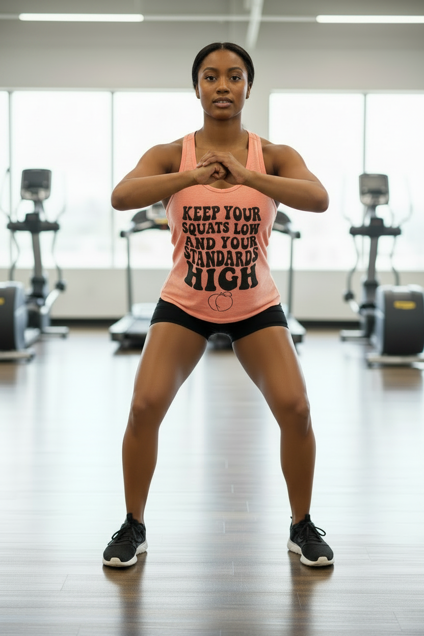 Blasian female gym model wearing coral Keep Your Squats Low racerback tank top in squat ready stance