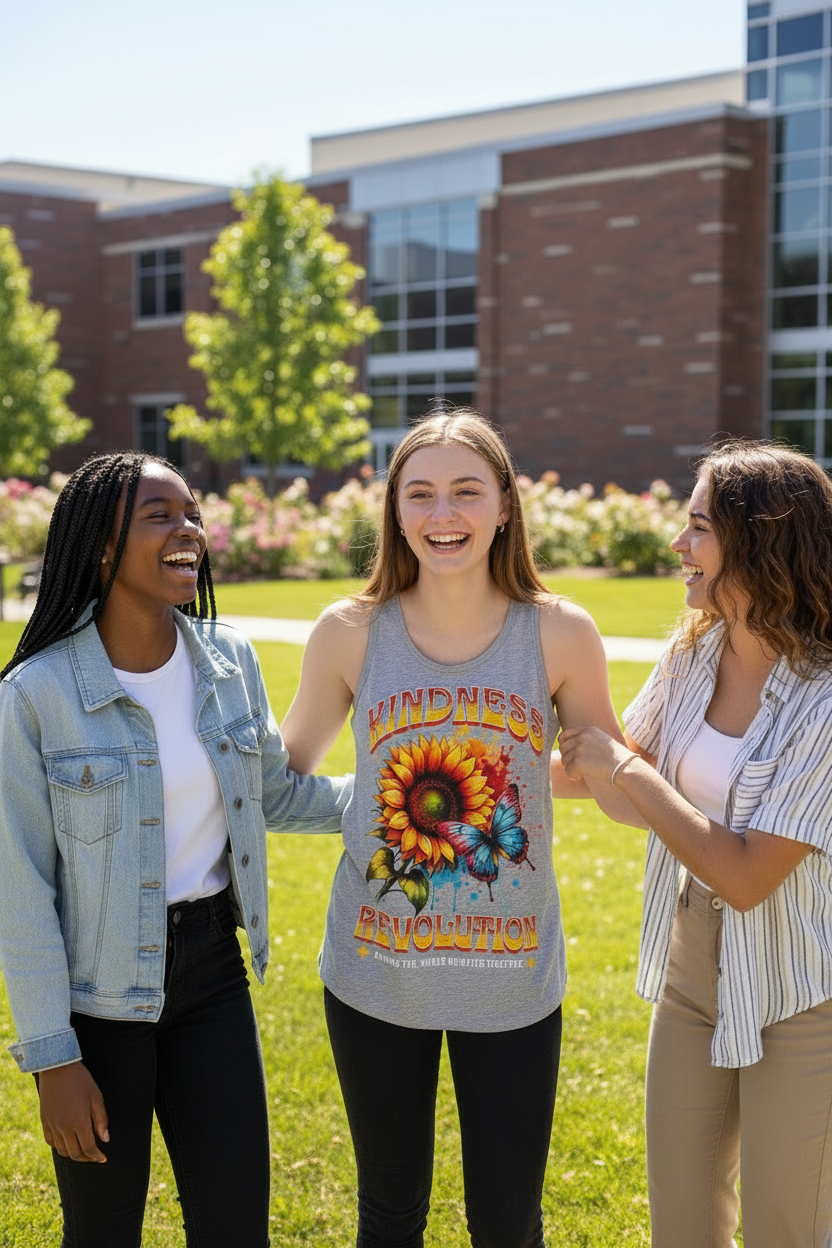 Teen girls of mixed race on school campus wearing Kindness Revolution racerback tank top