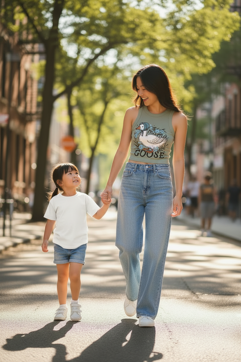 Young Asian mom wearing Mama Goose ribbed tank top walking with her Blasian daughter on the street