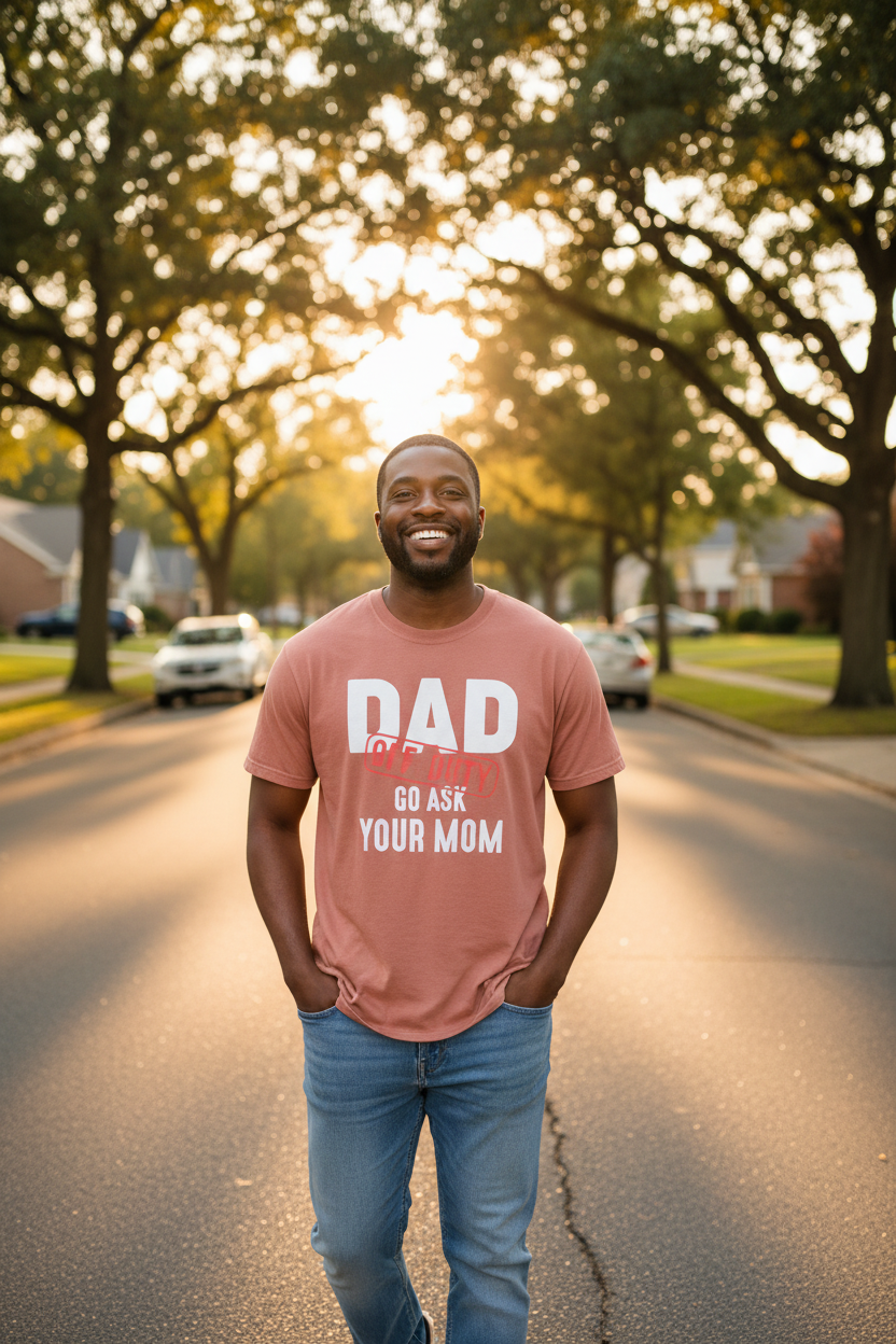 Mixed-race Black dad wearing coral Dad Off Duty t-shirt on a neighborhood walk