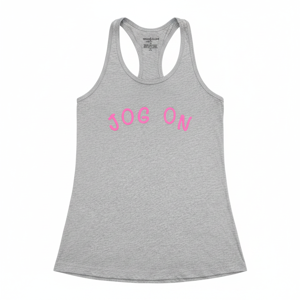 Jog On heather gray racerback tank top on white background